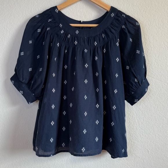 J Crew Smock Neck Puff Sleeve Top Dot Navy Blue Lightweight Cotton Shirt CA591 - Picture 4 of 10